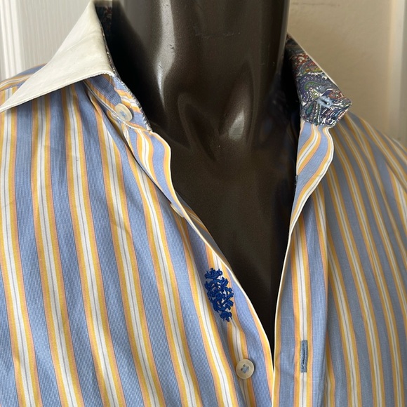 #56. Robert Graham Blue & Yellow Striped Dress Shirt • 16 1/2 - Picture 8 of 16